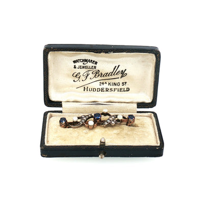 Antique Natural Sapphire & Diamond Pearl Brooch in 15ct White and Rose Gold