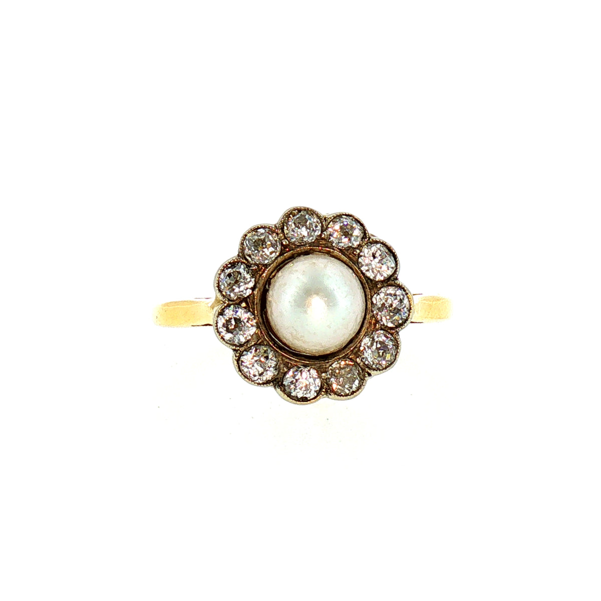 Vintage Pearl and Natural Diamond Halo Dress Ring in 18ct Yellow Gold