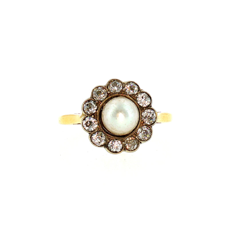 Vintage Pearl and Natural Diamond Halo Dress Ring in 18ct Yellow Gold