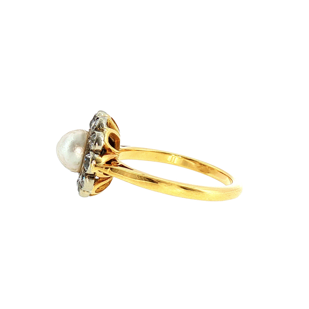 Vintage Pearl and Natural Diamond Halo Dress Ring in 18ct Yellow Gold