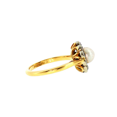 Vintage Pearl and Natural Diamond Halo Dress Ring in 18ct Yellow Gold