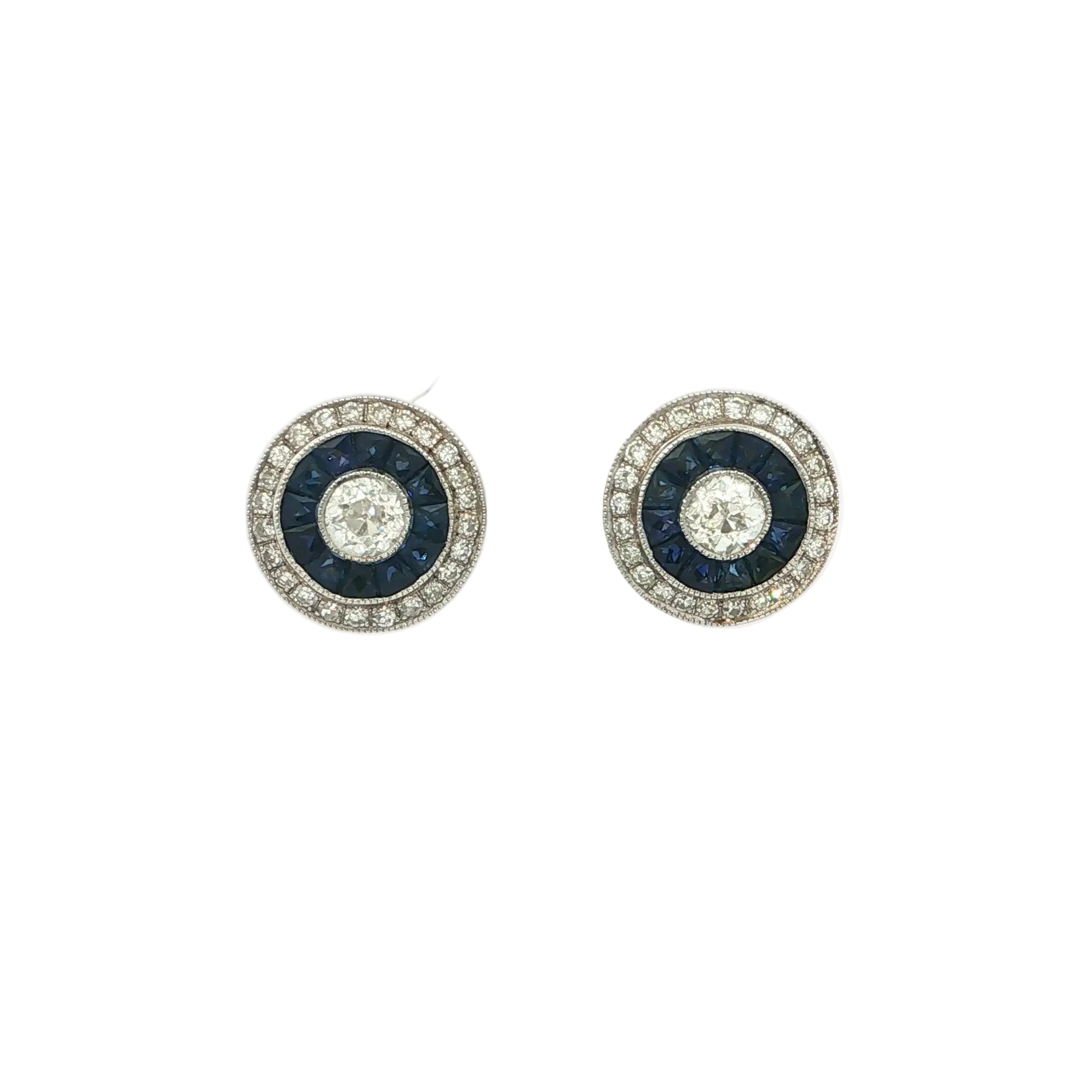 0.85ct Brilliant Cut Diamond and Sapphire Target Style Stud Earrings in 18ct white Gold
