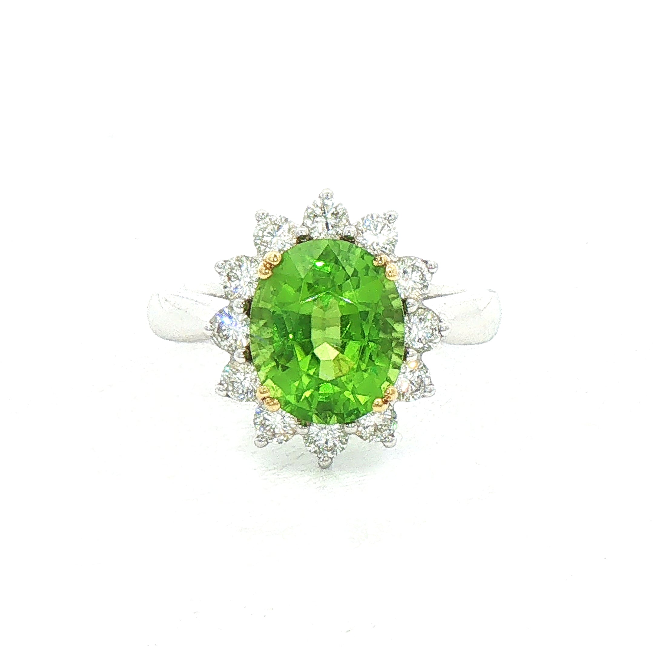 4.08ct Oval Peridot & 0.77ct Natural Diamond Antique Cluster Ring In 18ct White Gold