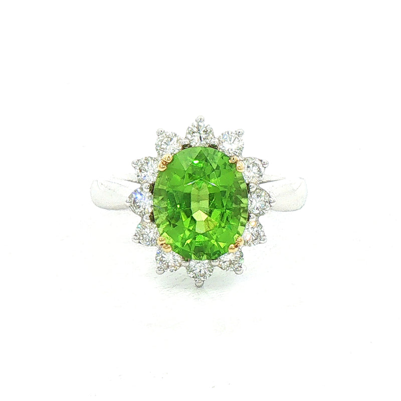 4.08ct Oval Peridot & 0.77ct Natural Diamond Antique Cluster Ring In 18ct White Gold