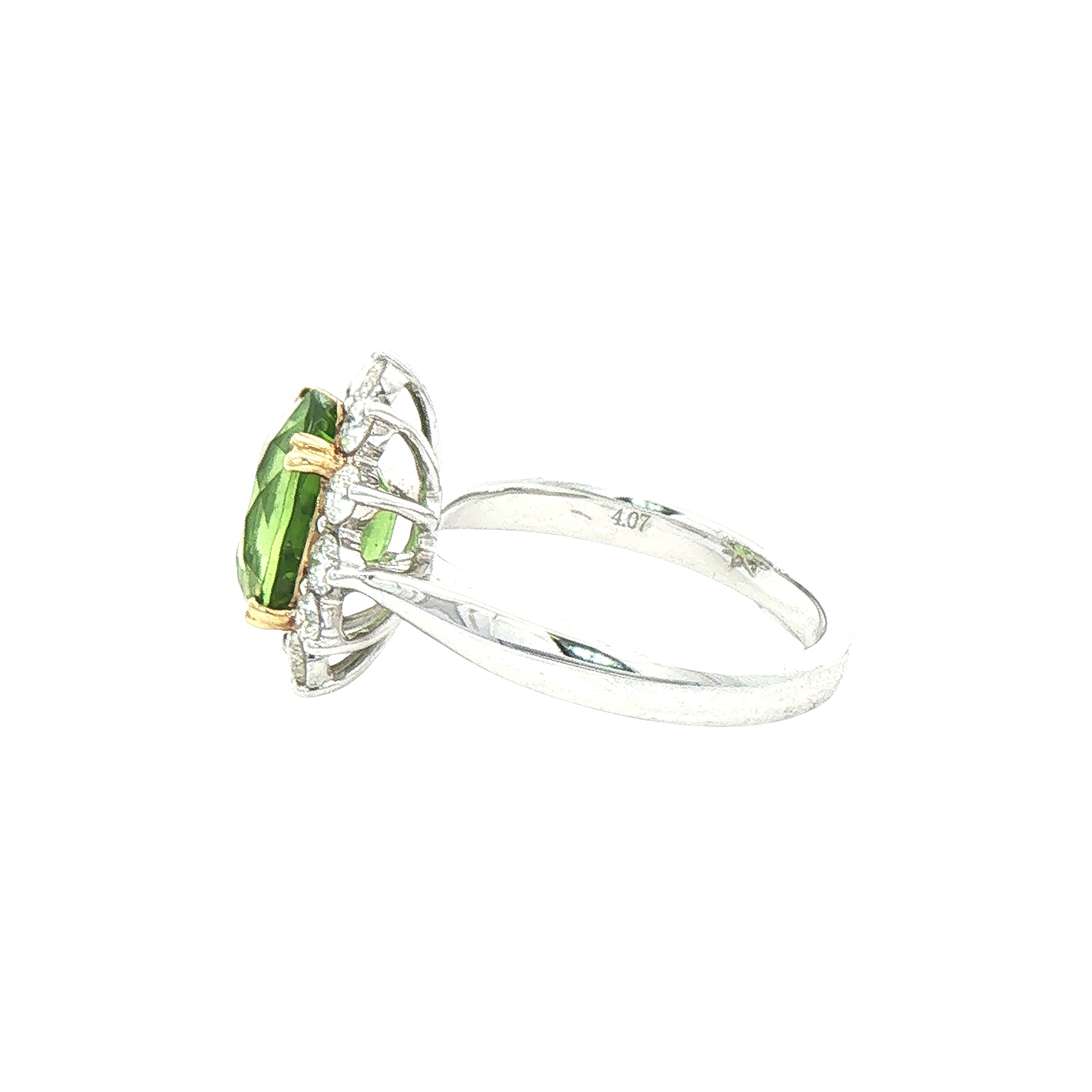 4.08ct Oval Peridot & 0.77ct Natural Diamond Antique Cluster Ring In 18ct White Gold