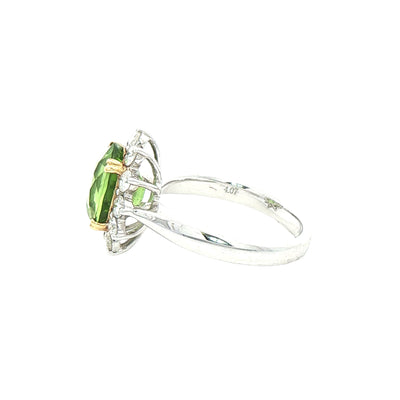 4.08ct Oval Peridot & 0.77ct Natural Diamond Antique Cluster Ring In 18ct White Gold