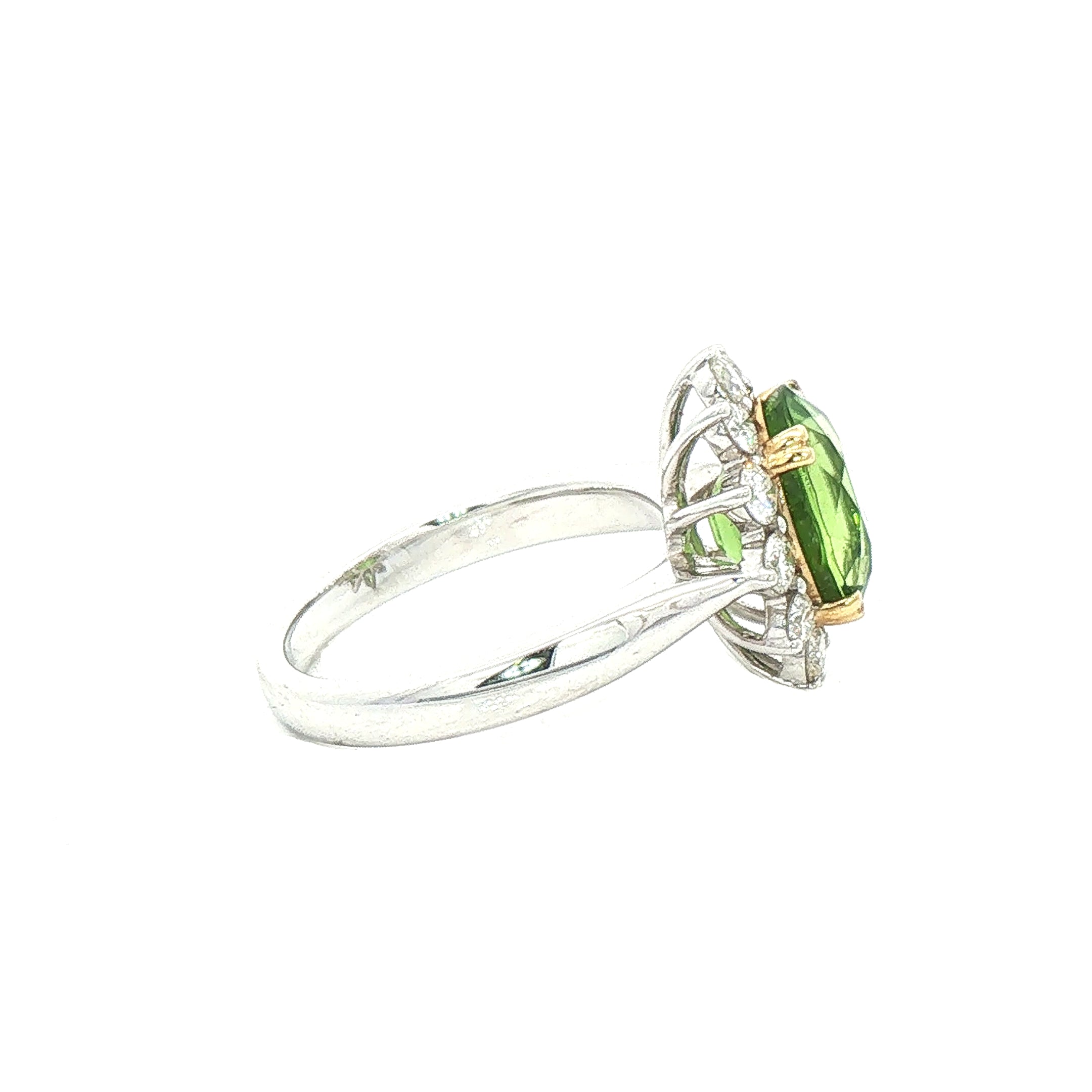 4.08ct Oval Peridot & 0.77ct Natural Diamond Antique Cluster Ring In 18ct White Gold