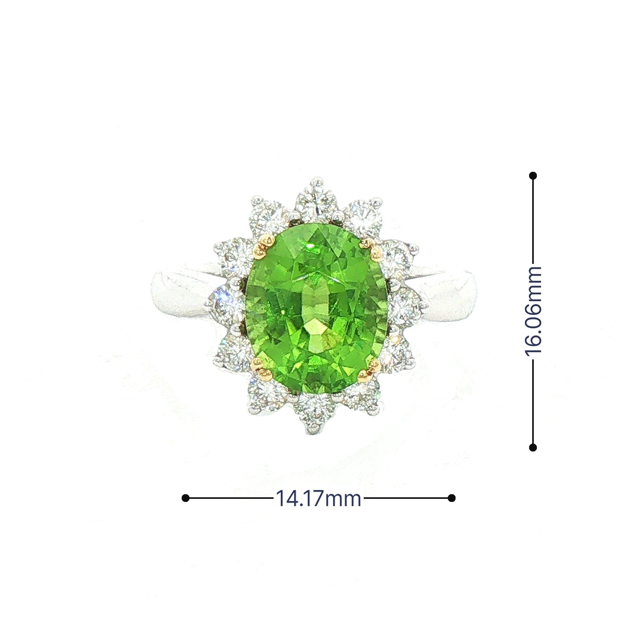 4.08ct Oval Peridot & 0.77ct Natural Diamond Antique Cluster Ring In 18ct White Gold