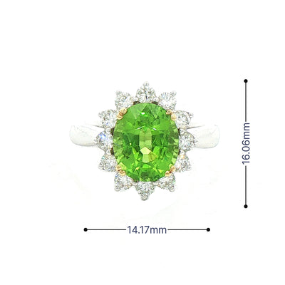 4.08ct Oval Peridot & 0.77ct Natural Diamond Antique Cluster Ring In 18ct White Gold