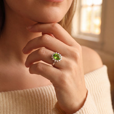 4.08ct Oval Peridot & 0.77ct Natural Diamond Antique Cluster Ring In 18ct White Gold