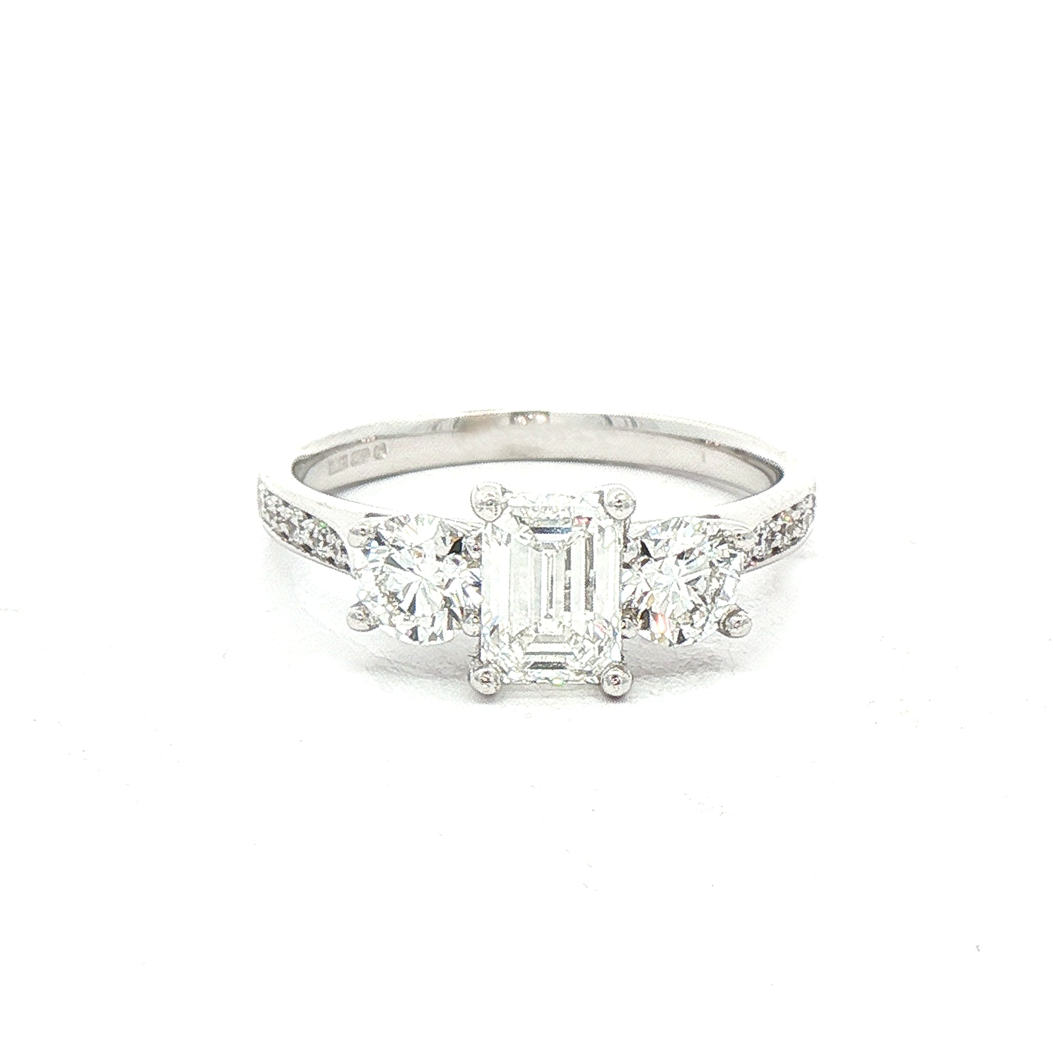 C0.73ct S0.56ct Natural Diamond Emerald & Brilliant Cut Three Stone Ring Set In 18ct White Gold