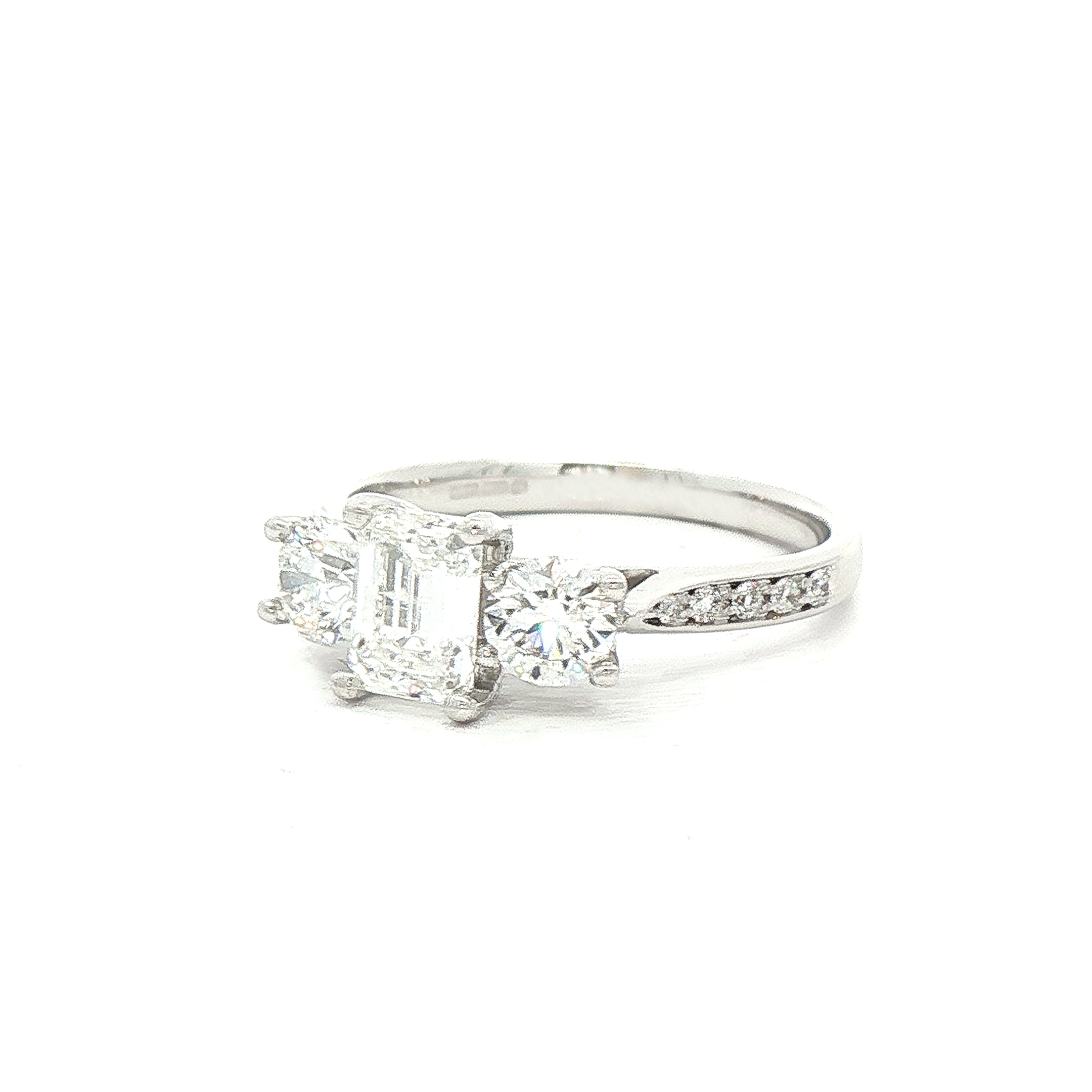 C0.73ct S0.56ct Natural Diamond Emerald & Brilliant Cut Three Stone Ring Set In 18ct White Gold