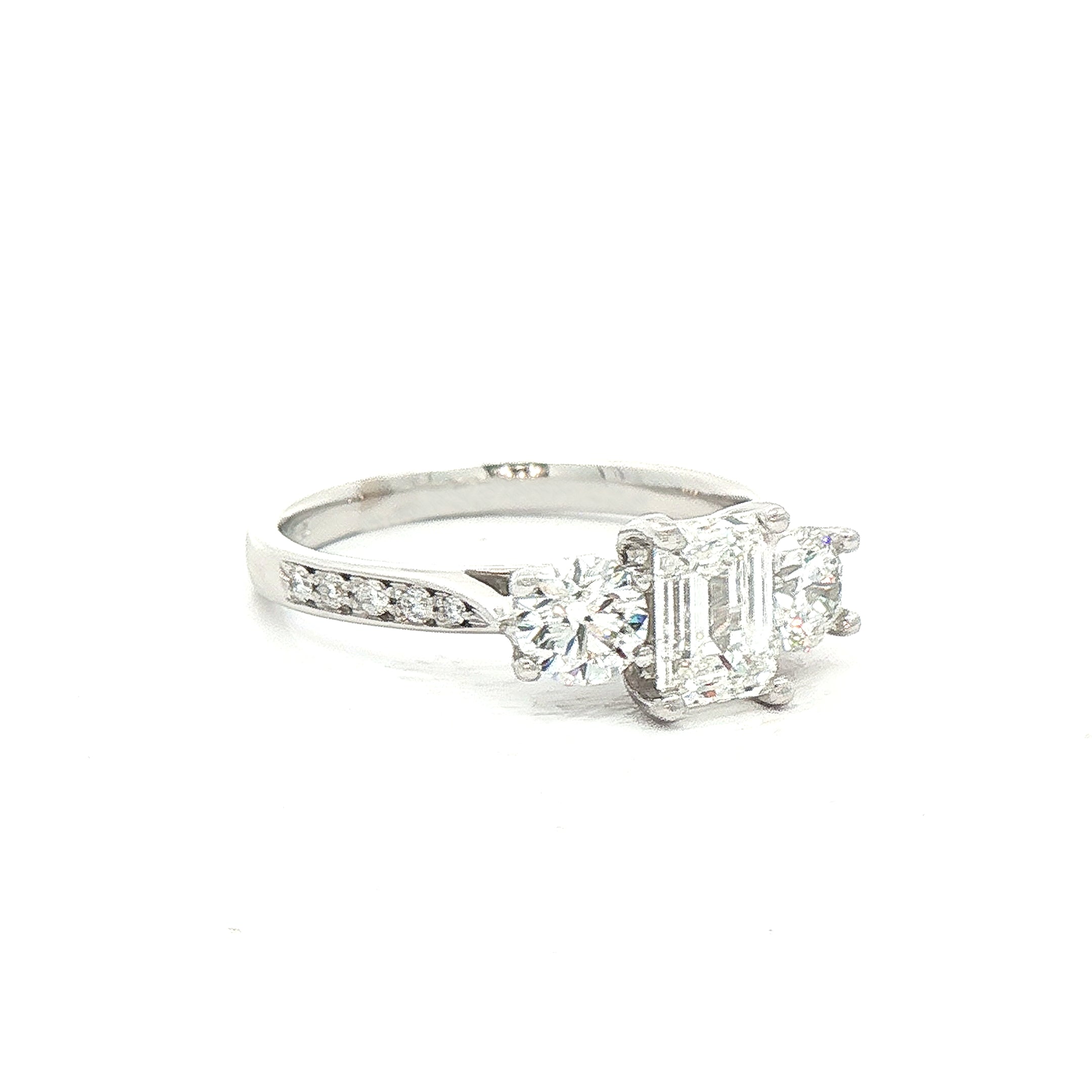 C0.73ct S0.56ct Natural Diamond Emerald & Brilliant Cut Three Stone Ring Set In 18ct White Gold