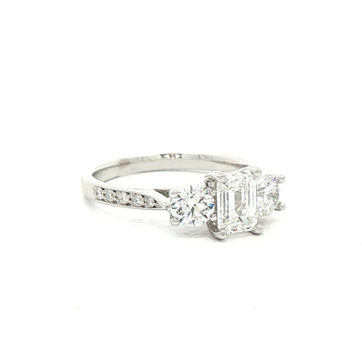 C0.73ct S0.56ct Natural Diamond Emerald & Brilliant Cut Three Stone Ring Set In 18ct White Gold