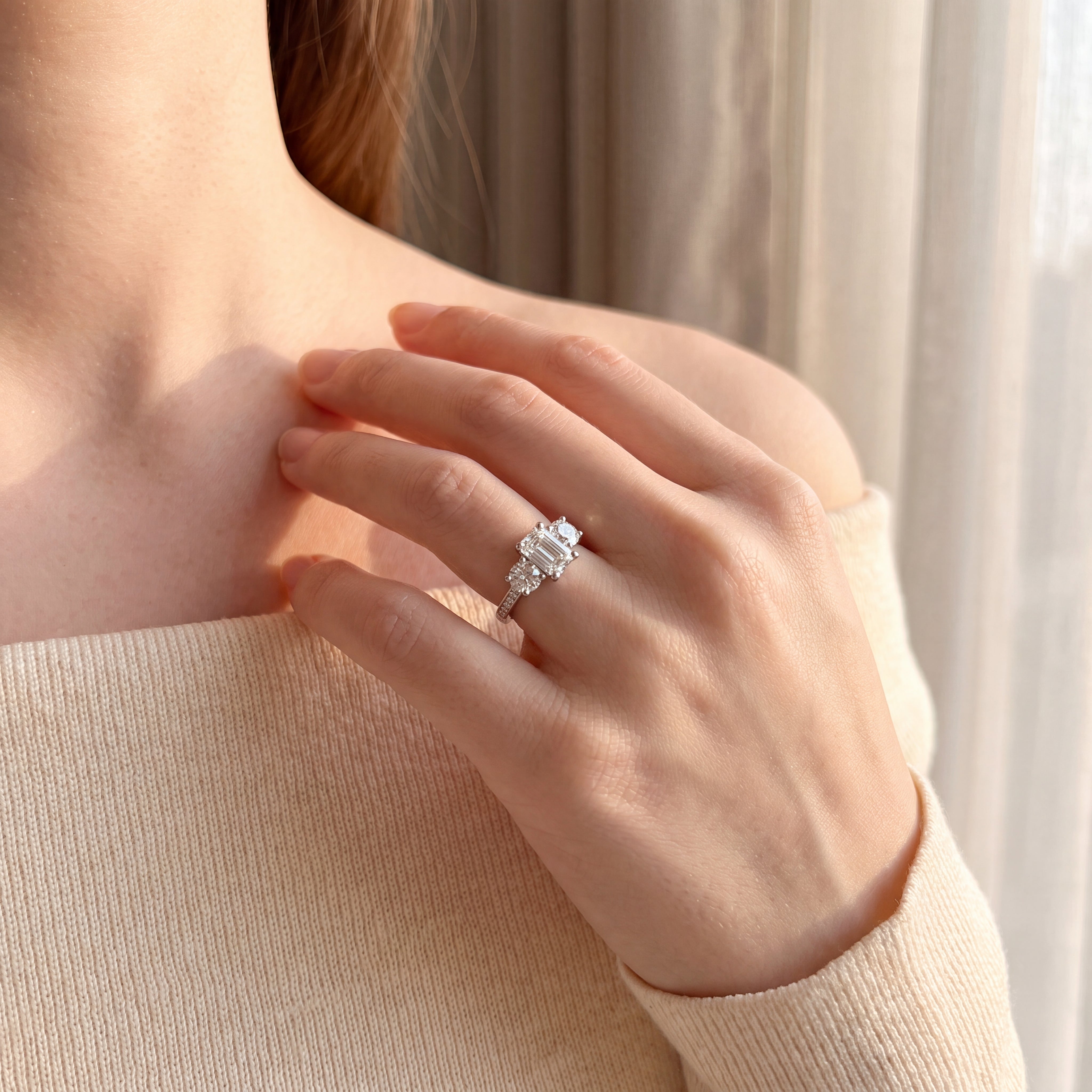 C0.73ct S0.56ct Natural Diamond Emerald & Brilliant Cut Three Stone Ring Set In 18ct White Gold