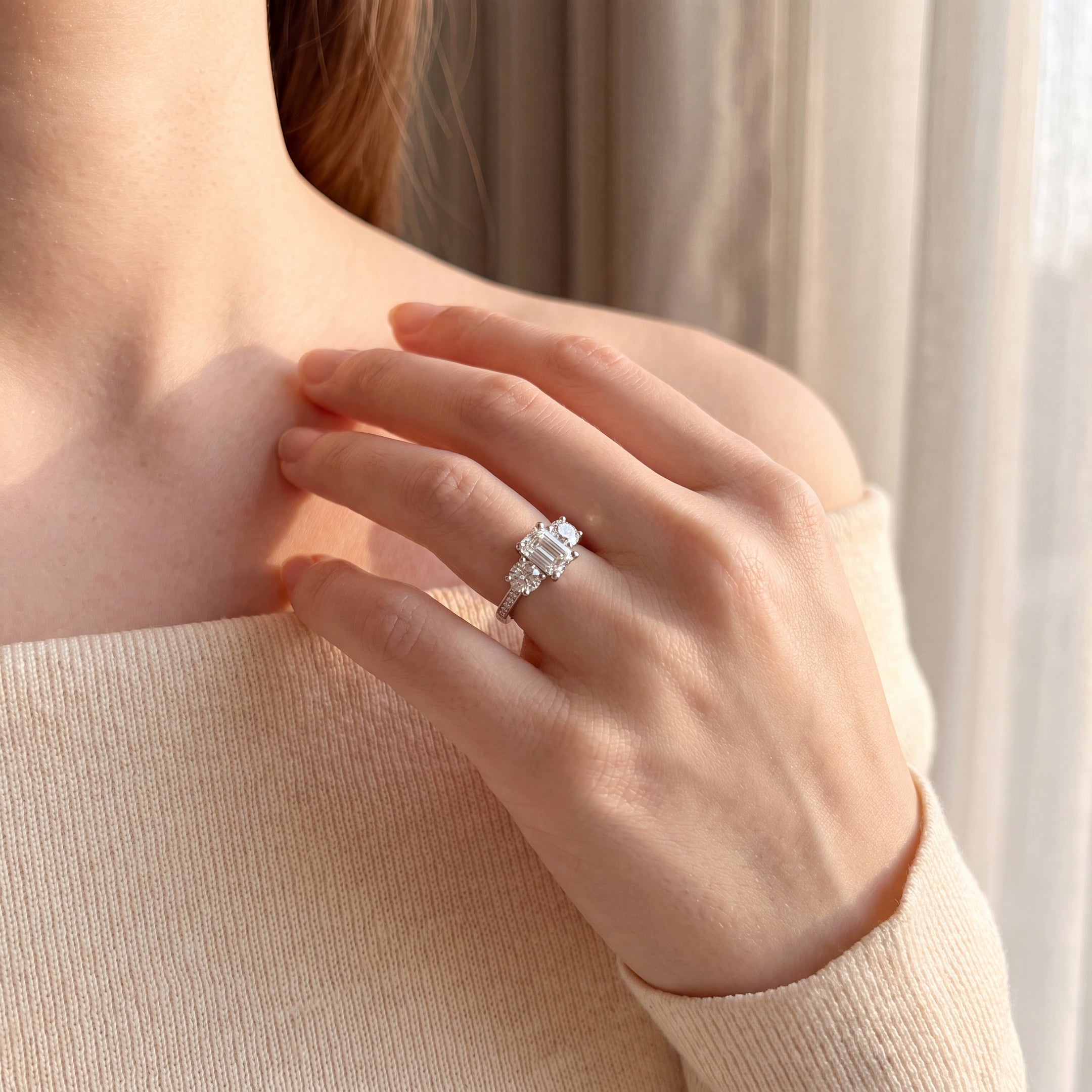 C0.73ct S0.56ct Natural Diamond Emerald & Brilliant Cut Three Stone Ring Set In 18ct White Gold