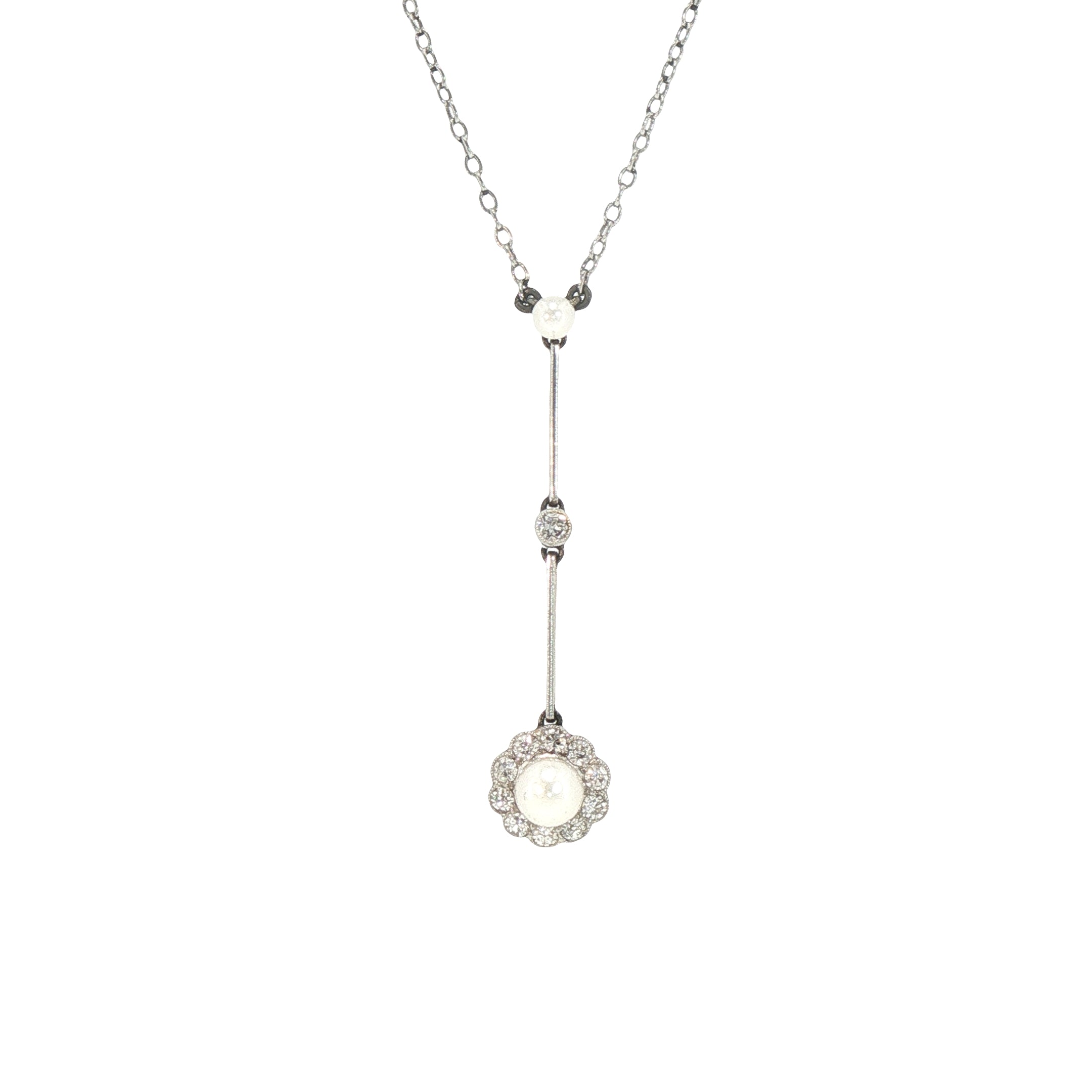 Vintage Pearl and Natural Diamond Cluster Drop Pendant on chain in platinum