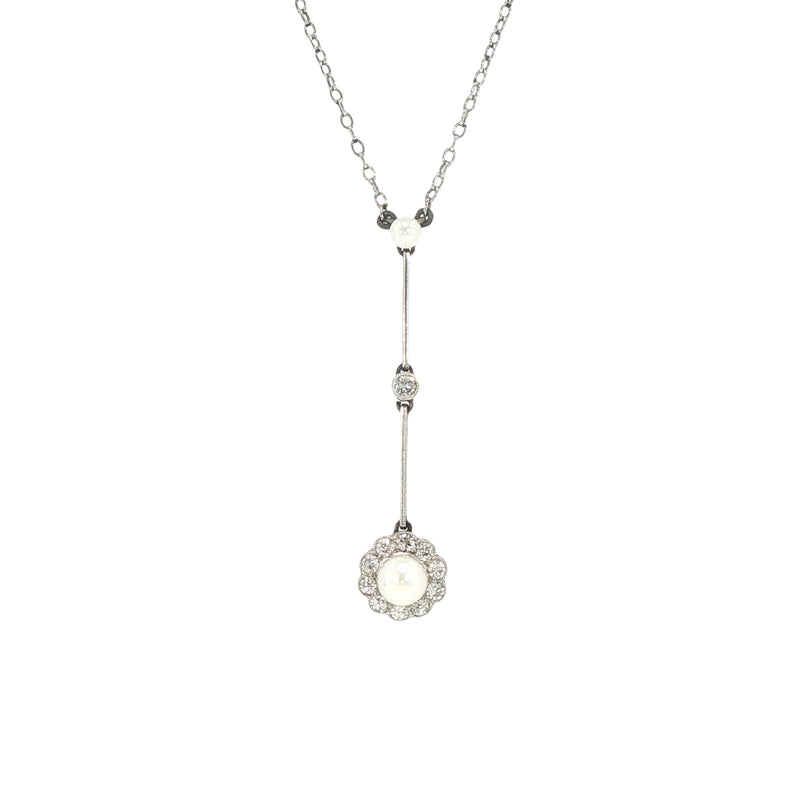 Vintage Pearl and Natural Diamond Cluster Drop Pendant on chain in platinum
