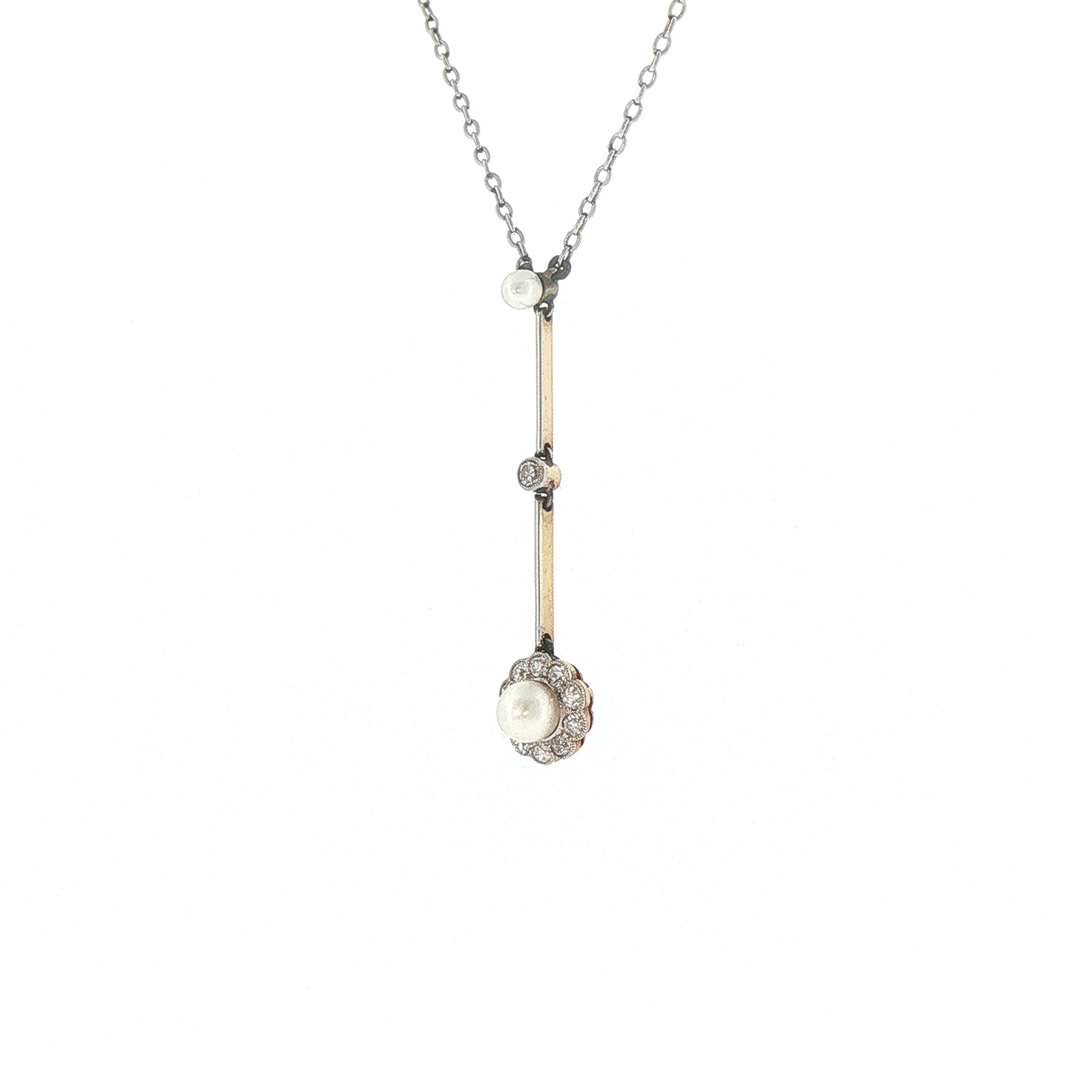 Vintage Pearl and Natural Diamond Cluster Drop Pendant on chain in platinum