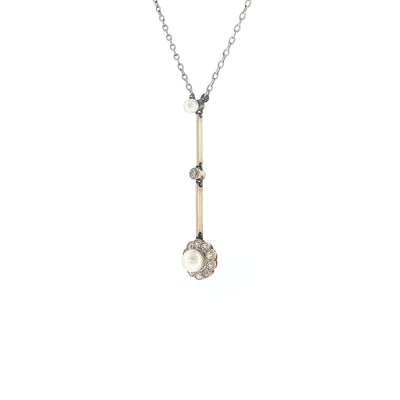 Vintage Pearl and Natural Diamond Cluster Drop Pendant on chain in platinum