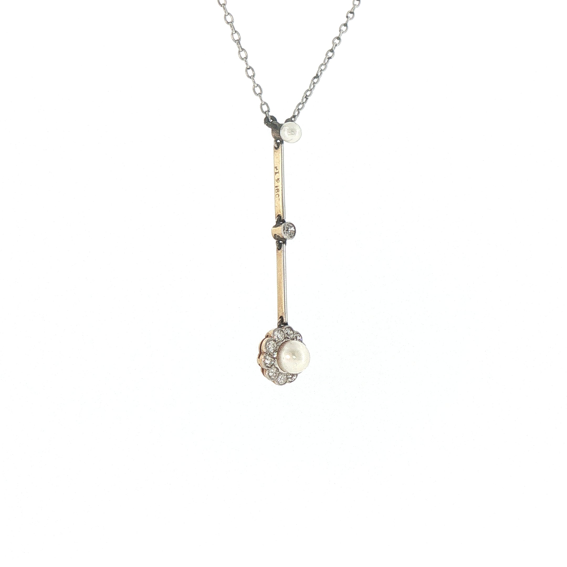 Vintage Pearl and Natural Diamond Cluster Drop Pendant on chain in platinum