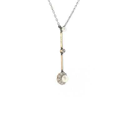 Vintage Pearl and Natural Diamond Cluster Drop Pendant on chain in platinum