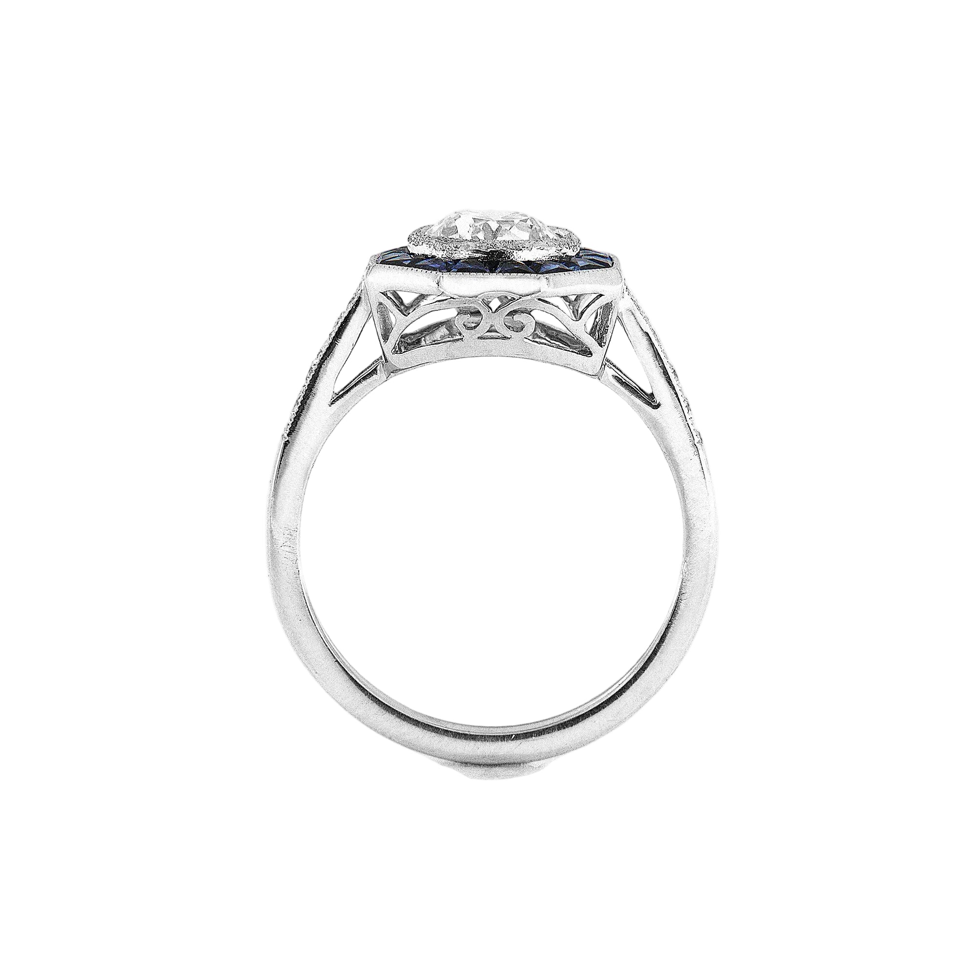 18ct White Gold Art Deco Style Natural Diamond and Sapphire Target Ring