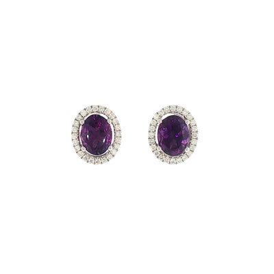 Vintage Amethyst and Natural Diamond Halo Stud Earrings in 18ct White Gold