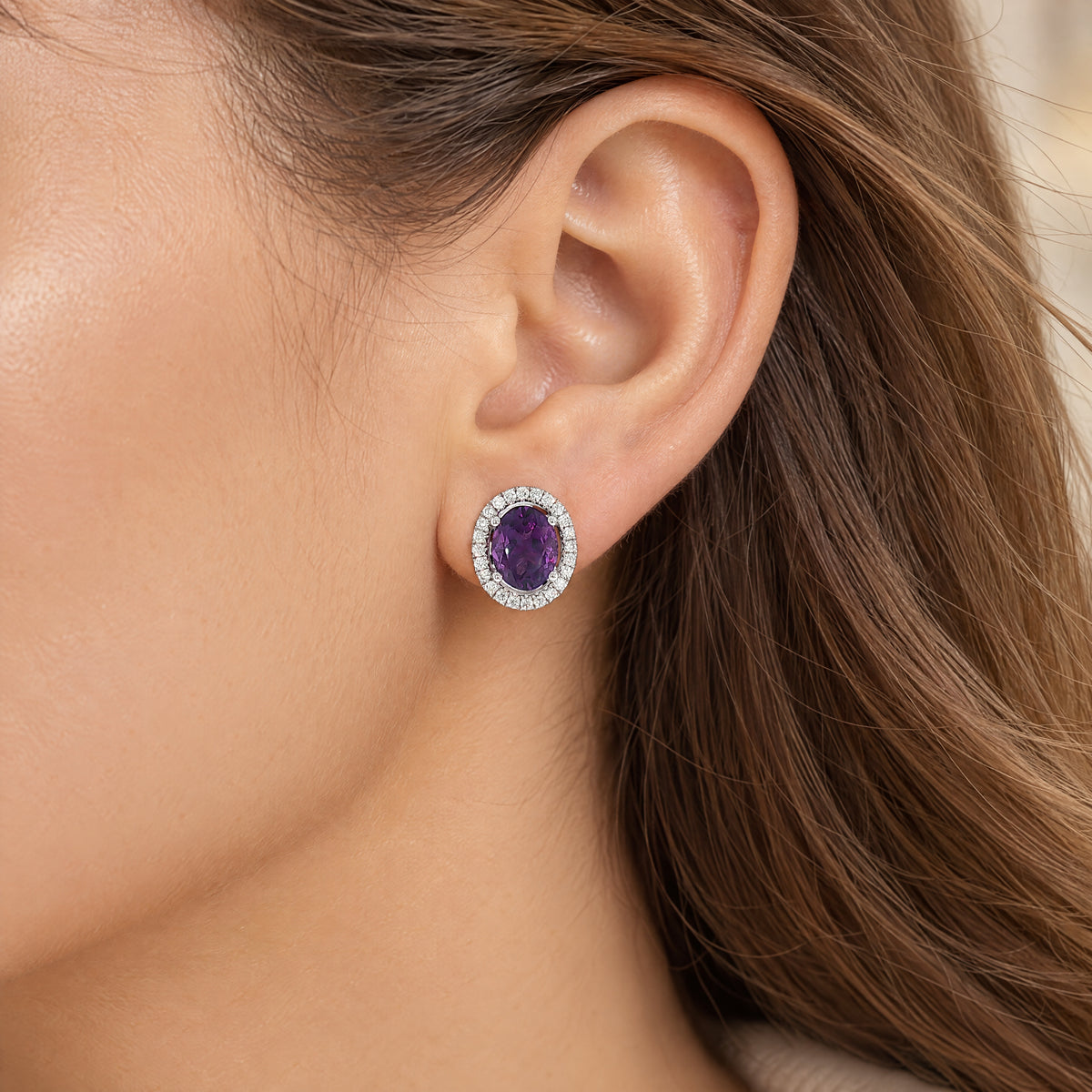 Vintage Amethyst and Natural Diamond Halo Stud Earrings in 18ct White Gold