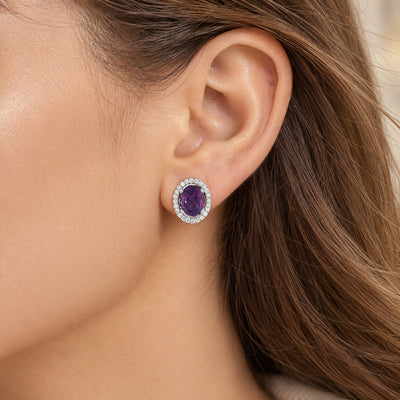 Vintage Amethyst and Natural Diamond Halo Stud Earrings in 18ct White Gold