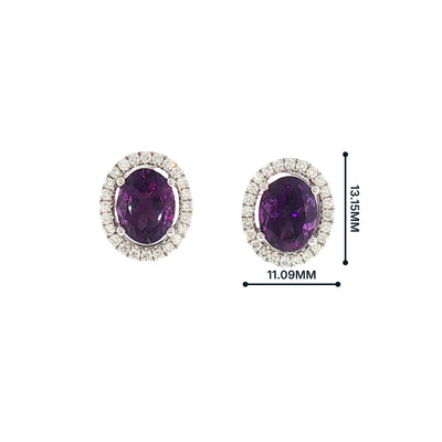 Vintage Amethyst and Natural Diamond Halo Stud Earrings in 18ct White Gold