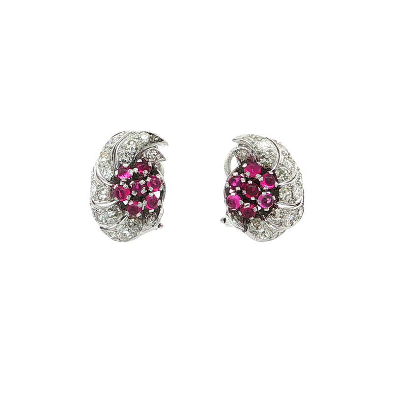 18ct White Gold Red Ruby Swirl Cluster Earrings
