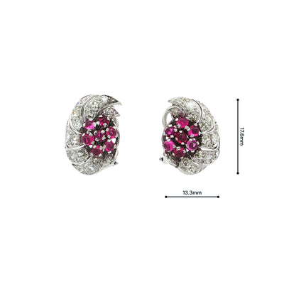 18ct White Gold Red Ruby Swirl Cluster Earrings