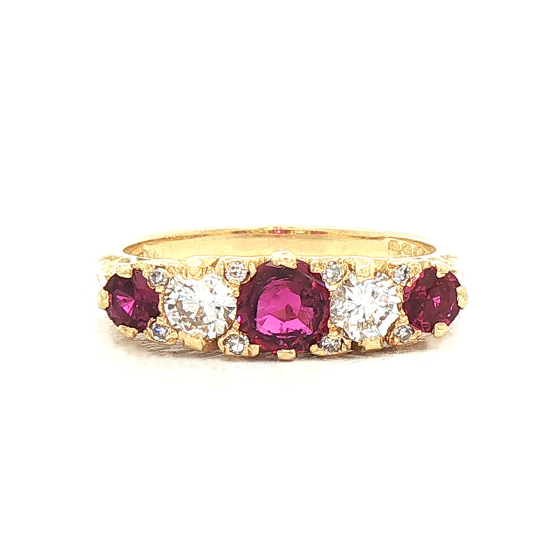 Vintage Ruby & Natural Diamond 5 Stone Carved Ring in 18ct Yellow Gold
