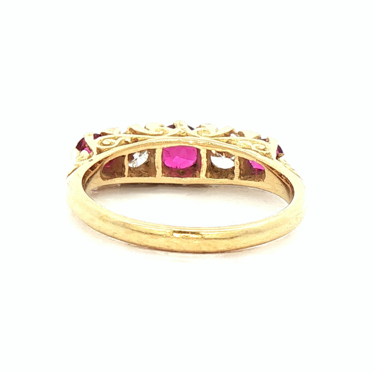 Vintage Ruby & Natural Diamond 5 Stone Carved Ring in 18ct Yellow Gold