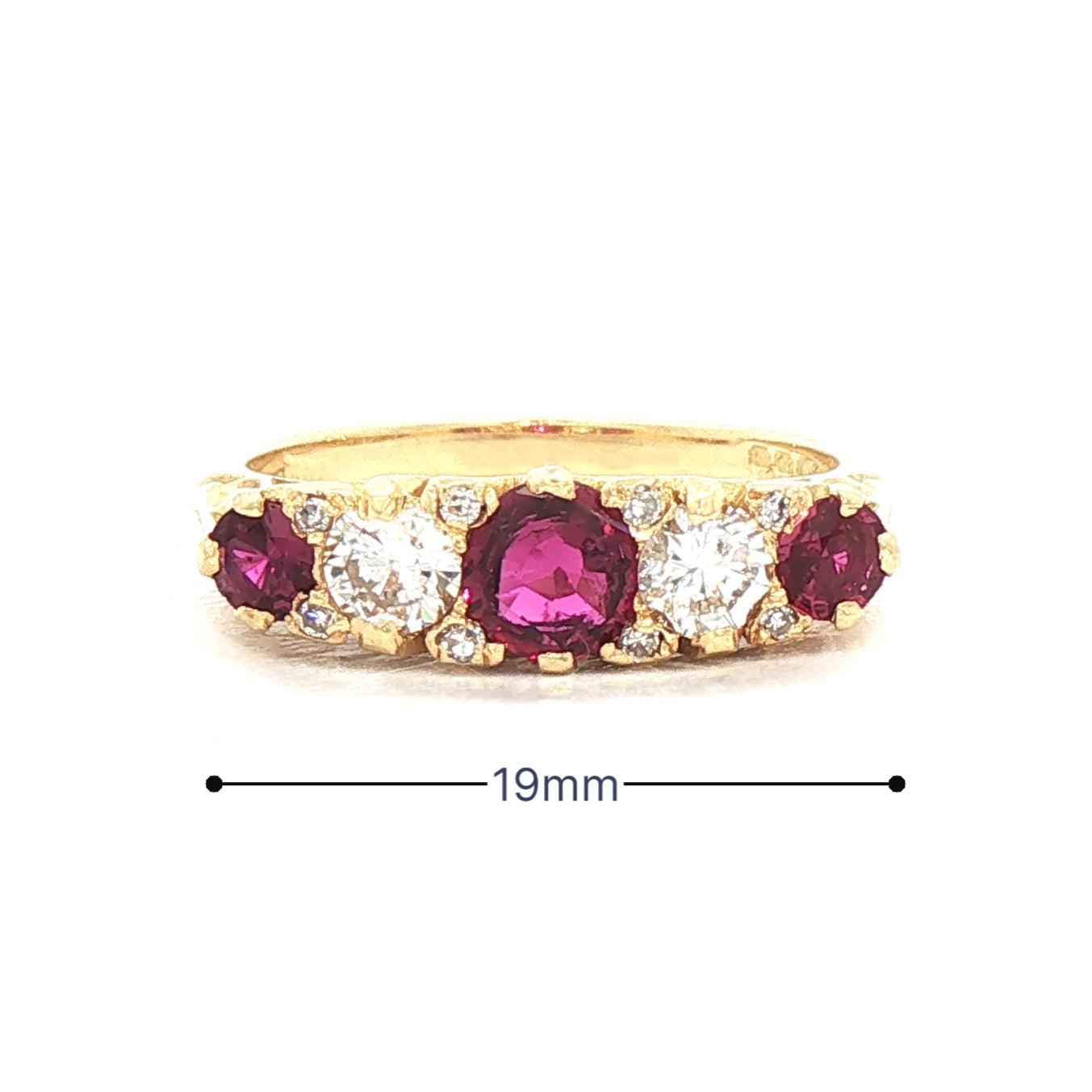 Vintage Ruby & Natural Diamond 5 Stone Carved Ring in 18ct Yellow Gold