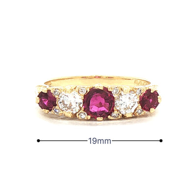 Vintage Ruby & Natural Diamond 5 Stone Carved Ring in 18ct Yellow Gold