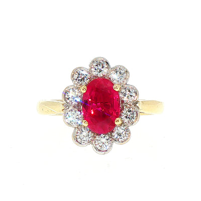 Vintage Ruby and Natural Diamond Rub Over Halo Cluster Ring in 18ct Yellow Gold