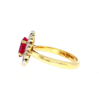 Vintage Ruby and Natural Diamond Rub Over Halo Cluster Ring in 18ct Yellow Gold