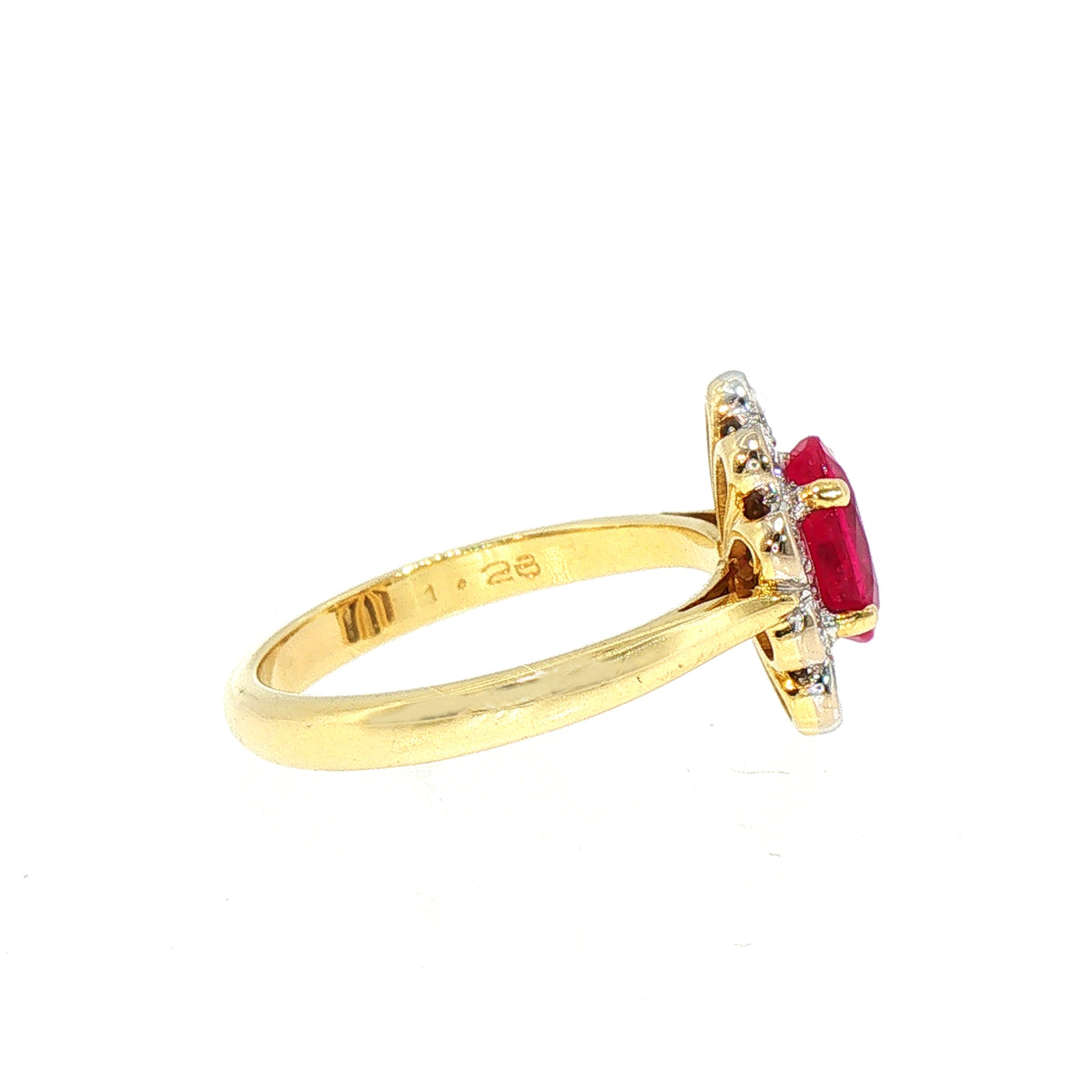 Vintage Ruby and Natural Diamond Rub Over Halo Cluster Ring in 18ct Yellow Gold