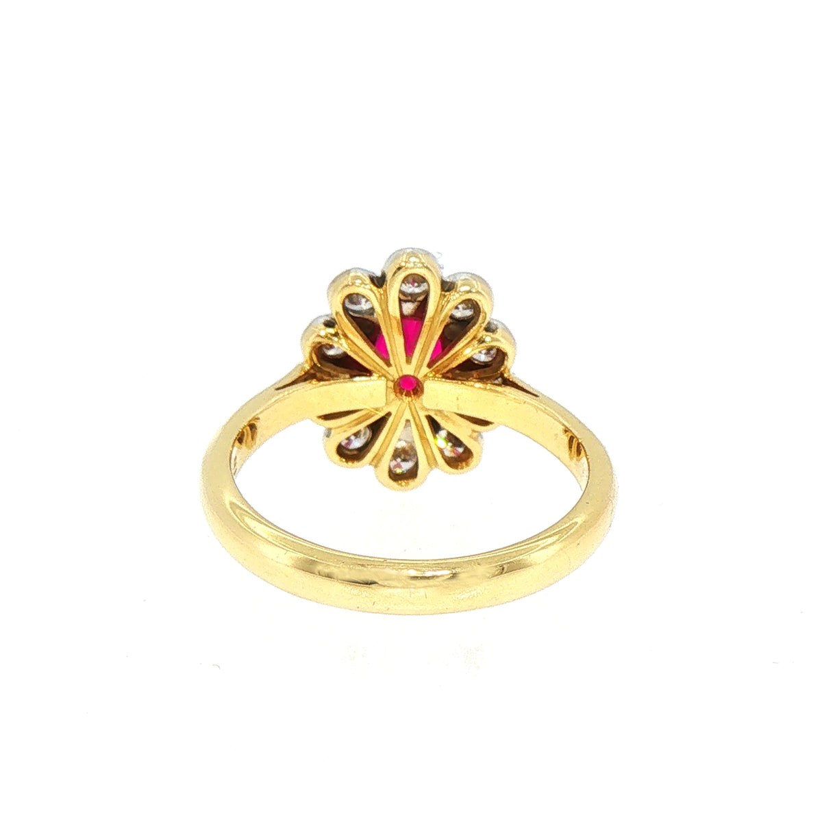 Vintage Ruby and Natural Diamond Rub Over Halo Cluster Ring in 18ct Yellow Gold