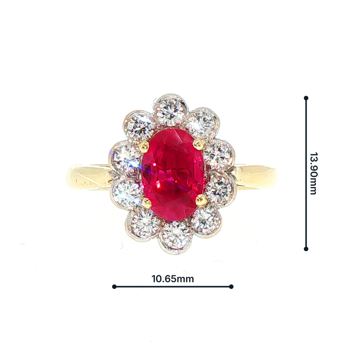 Vintage Ruby and Natural Diamond Rub Over Halo Cluster Ring in 18ct Yellow Gold