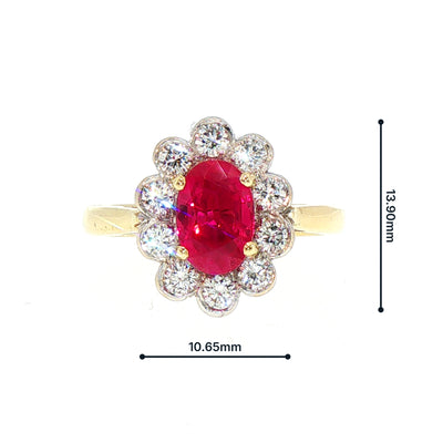 Vintage Ruby and Natural Diamond Rub Over Halo Cluster Ring in 18ct Yellow Gold
