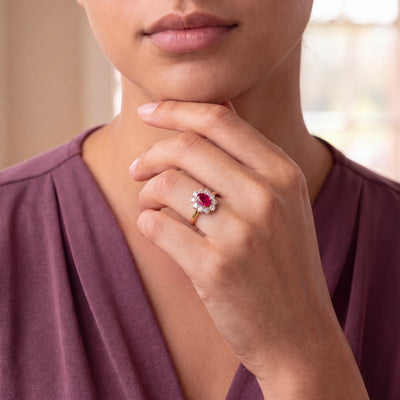 Vintage Ruby and Natural Diamond Rub Over Halo Cluster Ring in 18ct Yellow Gold