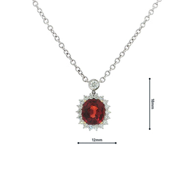 Red Spessartite Garnet and Natural Diamond Halo Pendant Necklace in 18ct White Gold