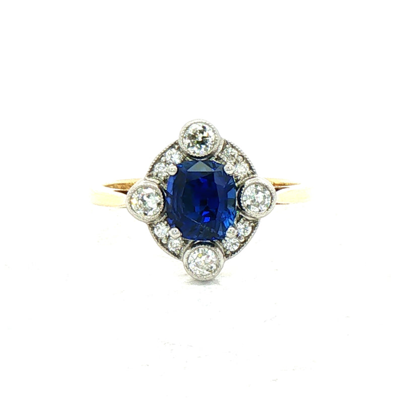 1.36ct Cushion Cut Sapphire & 0.37ct Natural Diamond Multi Stone Halo in 18ct Yellow Gold