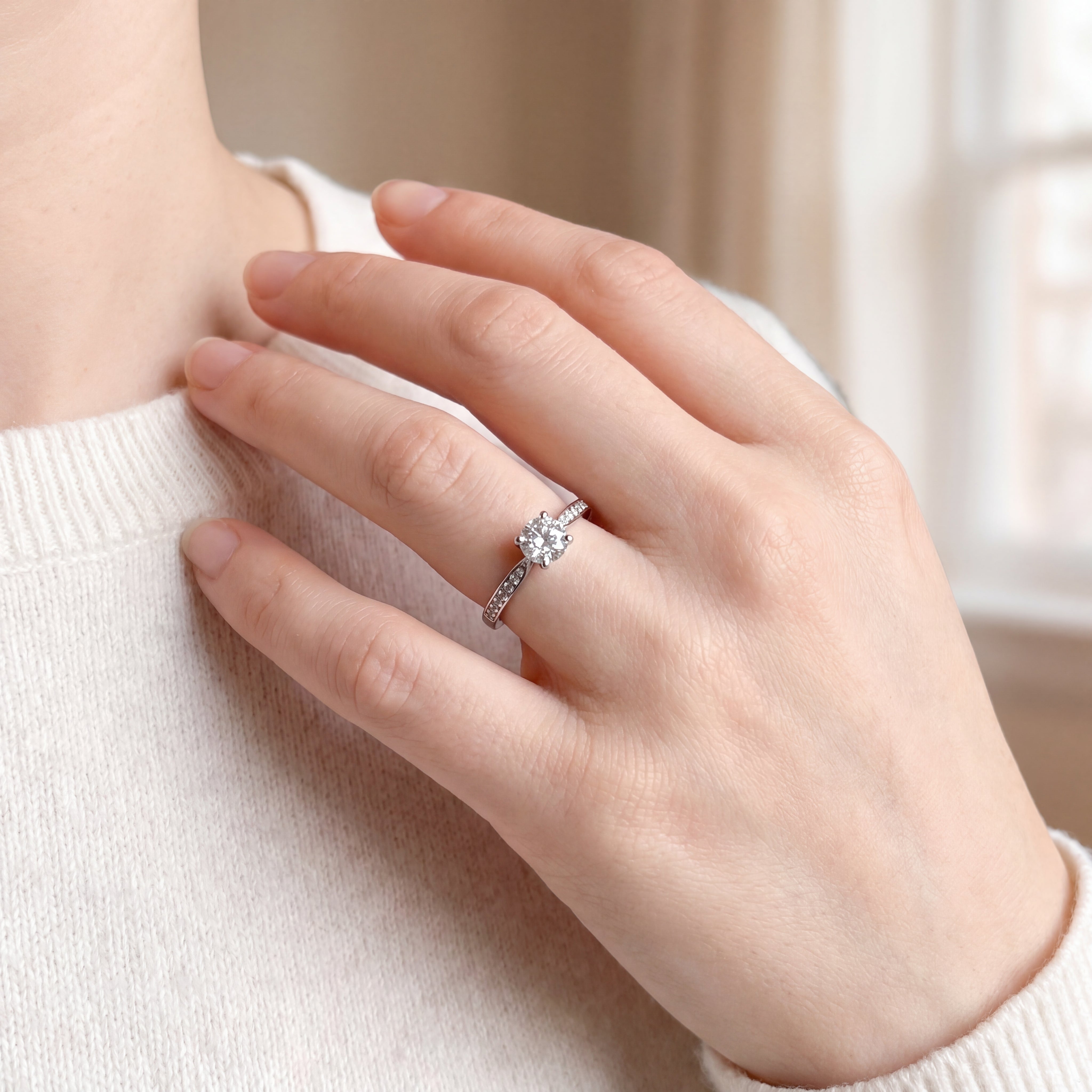 Round Brilliant Cut Natural Diamond Engagement Ring with 18ct White Gold Pavé Shoulders