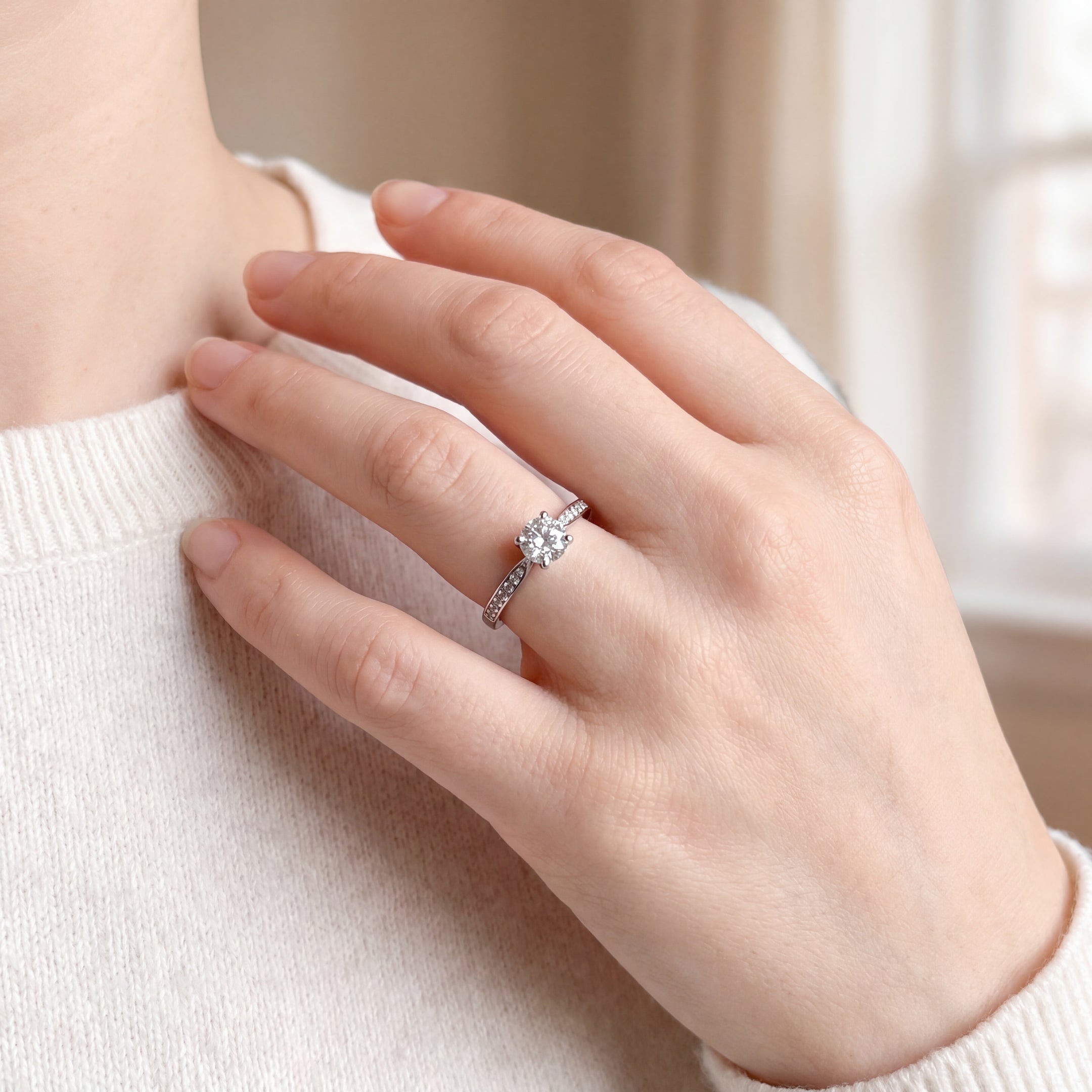 Round Brilliant Cut Natural Diamond Engagement Ring with 18ct White Gold Pavé Shoulders