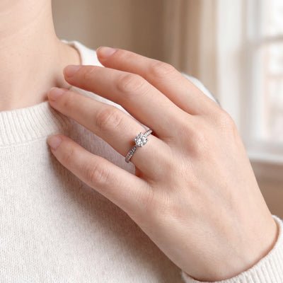 Round Brilliant Cut Natural Diamond Engagement Ring with 18ct White Gold Pavé Shoulders