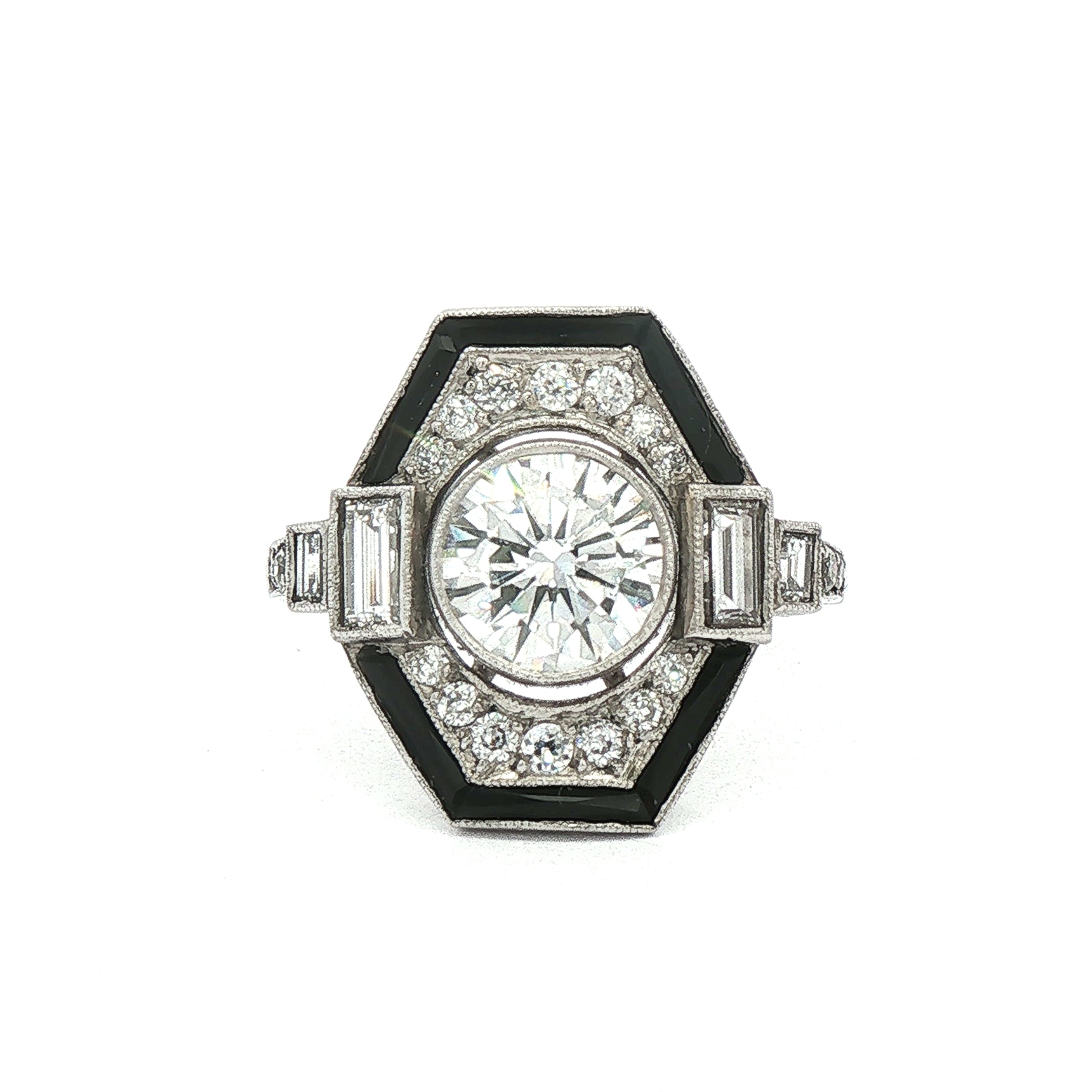 Vintage 1.10ct Natural Diamond & Onyx Platinum Target Ring